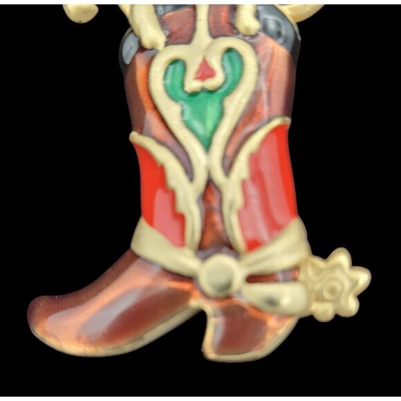 Vintage Christmas Cowboy Boot Brooch Pin Cat & Gifts Gold-Tone Enamel 2" - Picture 3 of 5